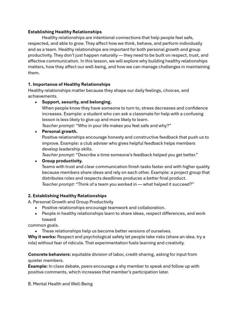 Establishing Healthy Relationships-Reading Material | PDF | Self Esteem ...