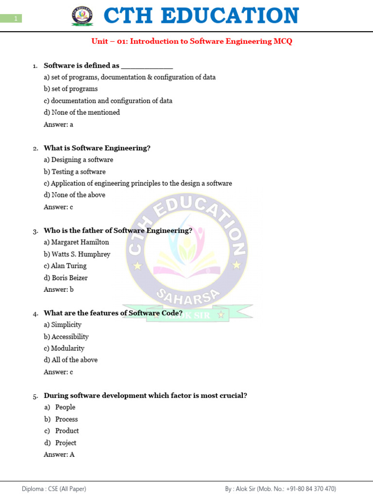 UNIT-01_SE PDF MCQ | PDF | Software Development Process | Software ...