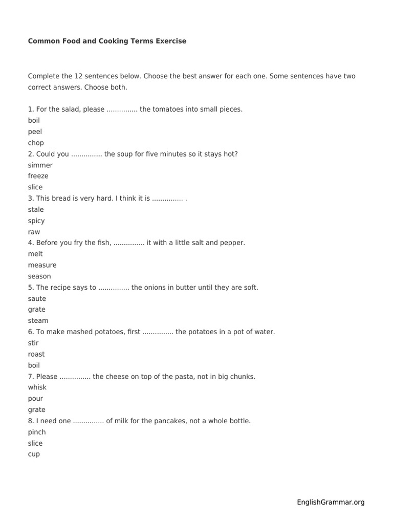 Common Food and Cooking Terms Exercise | PDF