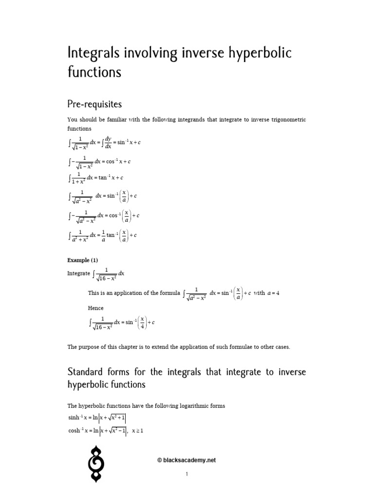Integrals to Inverse Hyperbolic Functions | PDF | Mathematics | Algebra