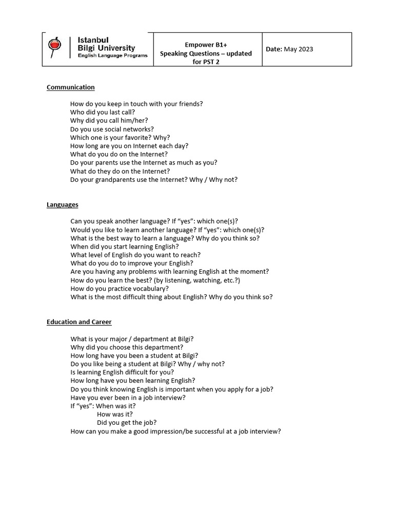 Empower B1+ Questions Exam Practice (to be used for PST) | PDF ...