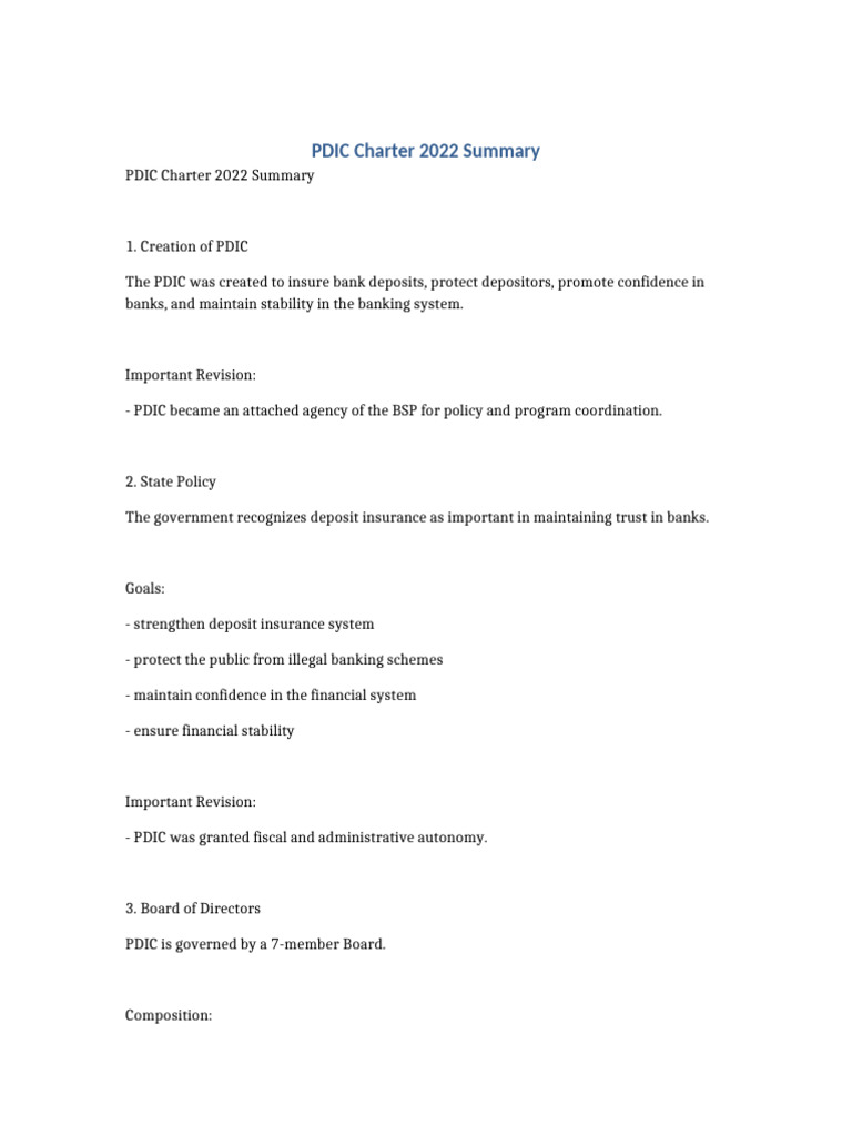 PDIC Charter 2022 Summary | PDF | Banks | Deposit Insurance