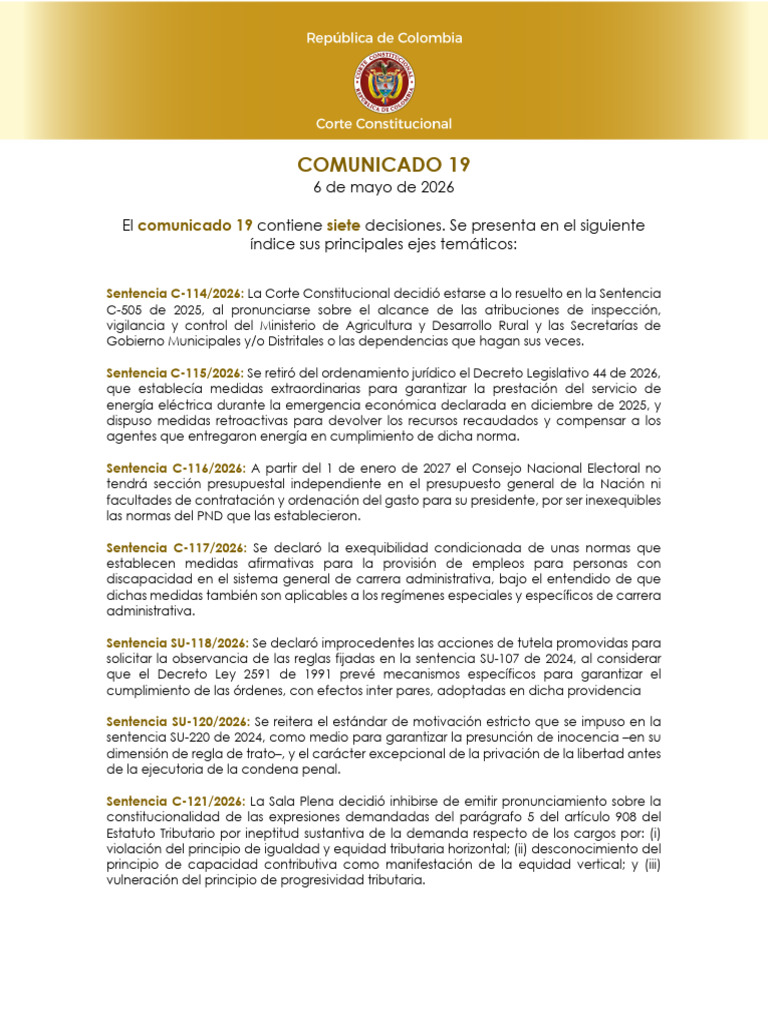 Comunicado 19 Mayo 6 de 2026 | PDF | Caso de ley | Sentencia (ley)