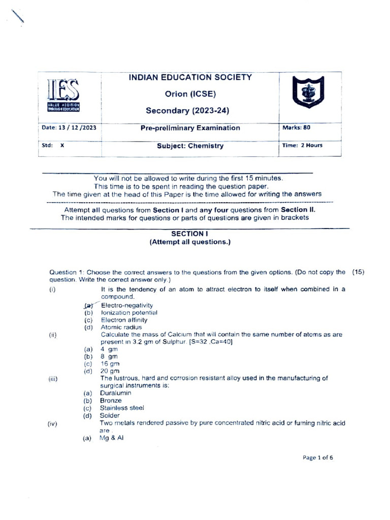 Orion Chemistry Paper | PDF | Acid | Chemical Reactions