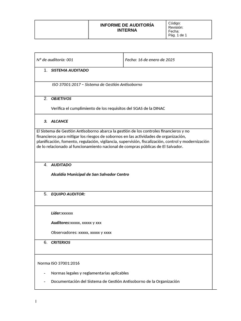 Informe de Auditoria Interna Iso 37001 | PDF | Auditoría | Business