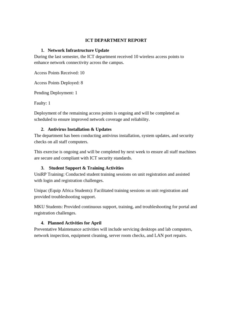 ICT Department Report March 2026 | PDF | Computer Network | Information ...