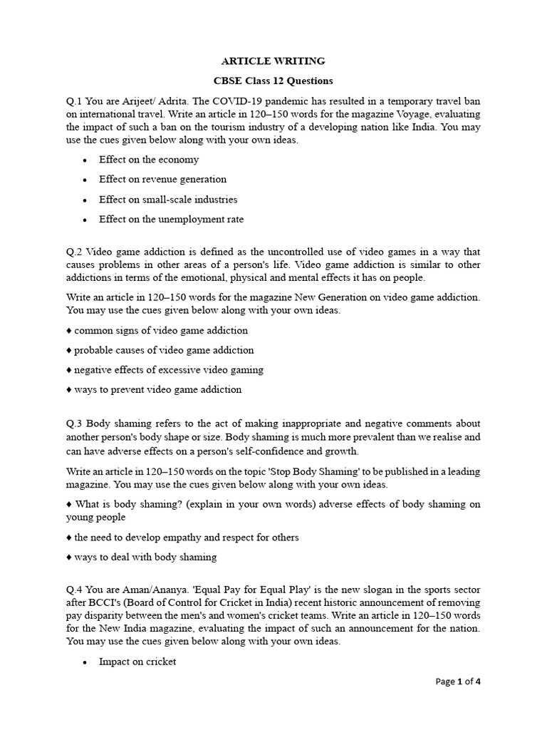 Article Writing (Cbse Questions) | PDF | Sleep