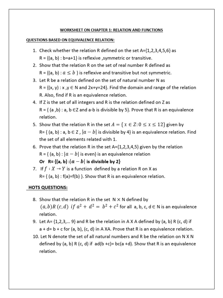 Worksheet on Chapter 1 Relation and Function | PDF | Function ...