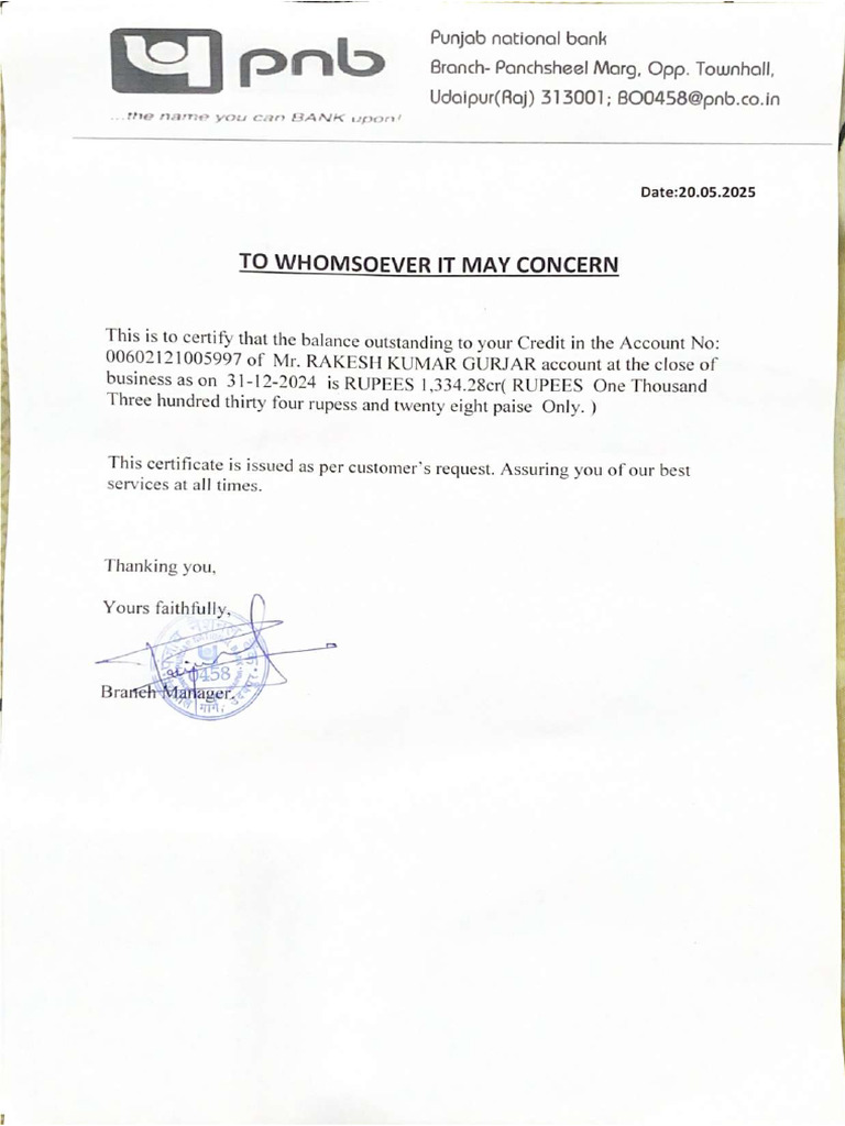 Bank Balance Certificate (Sample) 2024--2025 | PDF