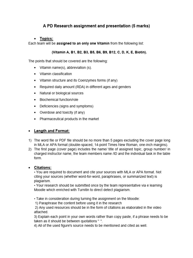 Vitamins Assignment Rubric PD | PDF | Vitamin | Plagiarism