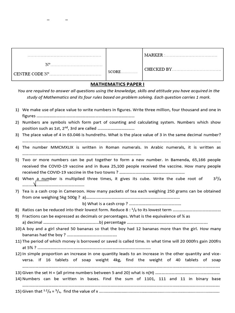 Mock 1 Mathematic Paper 1 - 2023 | PDF