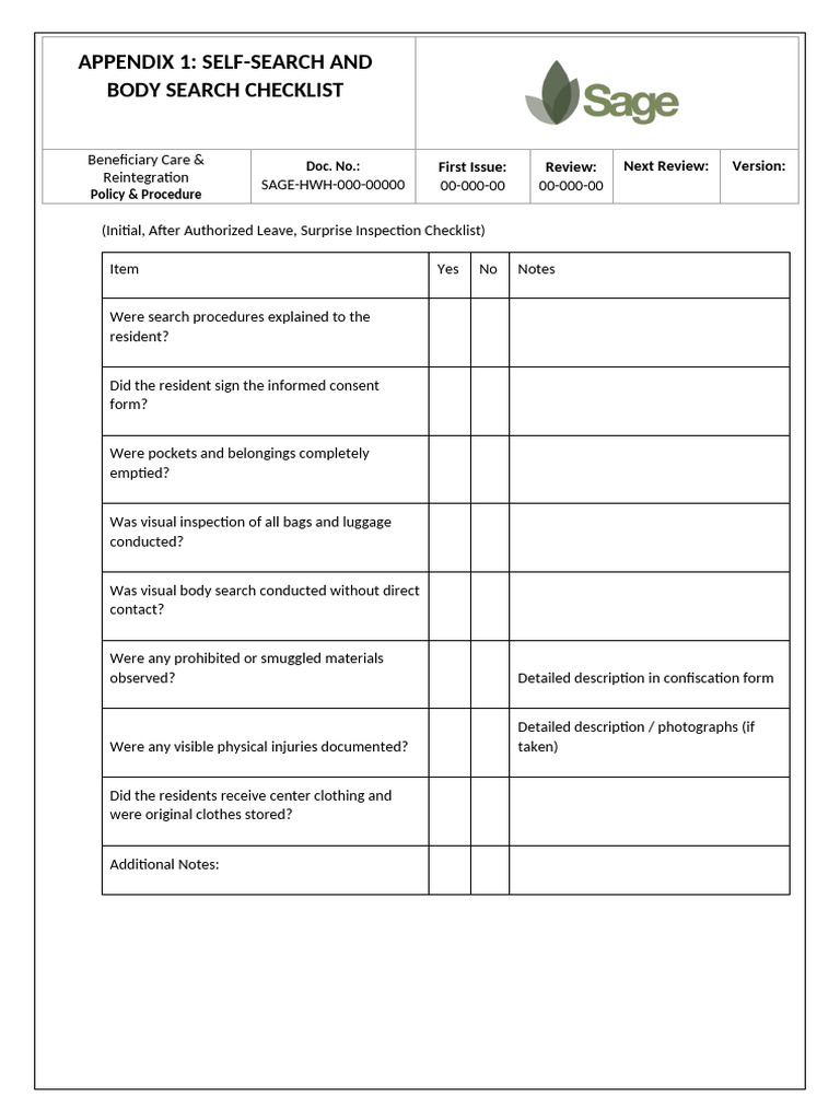 Appendix 1 Self-search and Body Search Checklist | PDF