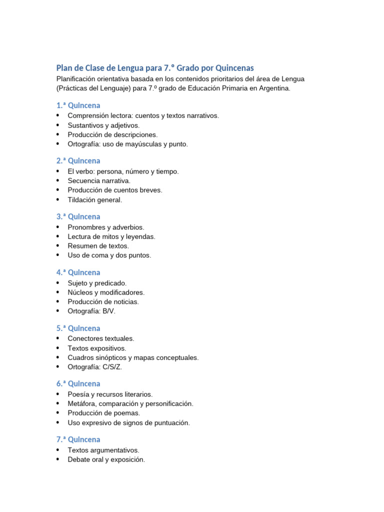 Plan de Clase Lengua 7mo Grado Por Quincenas | PDF
