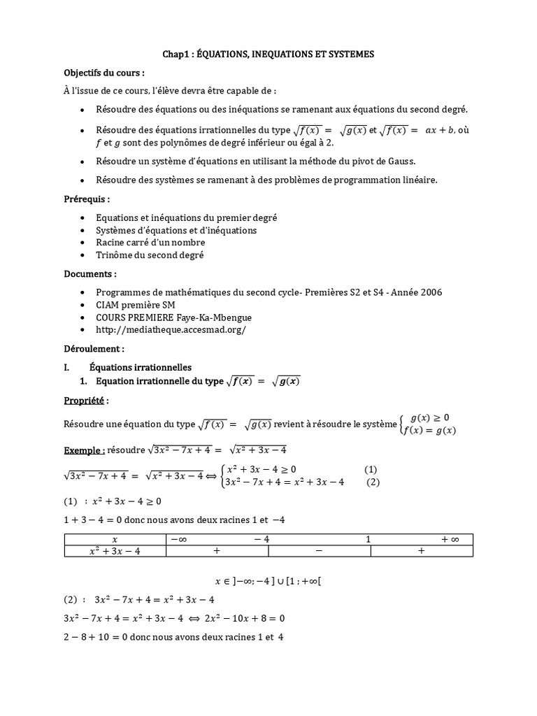 Chap1 EQUATIONS, INEQUATIONS ET SYSTEMES | PDF | Équations | Analyse ...