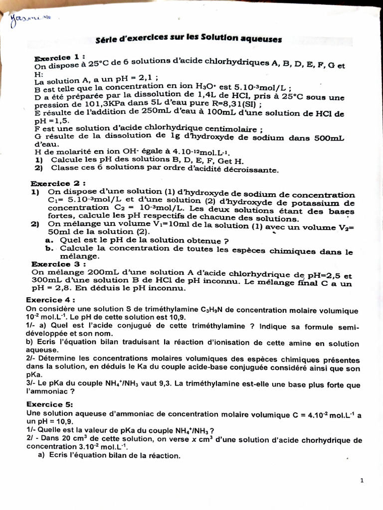 Exercices Solution Aqueuse Yasmine | PDF