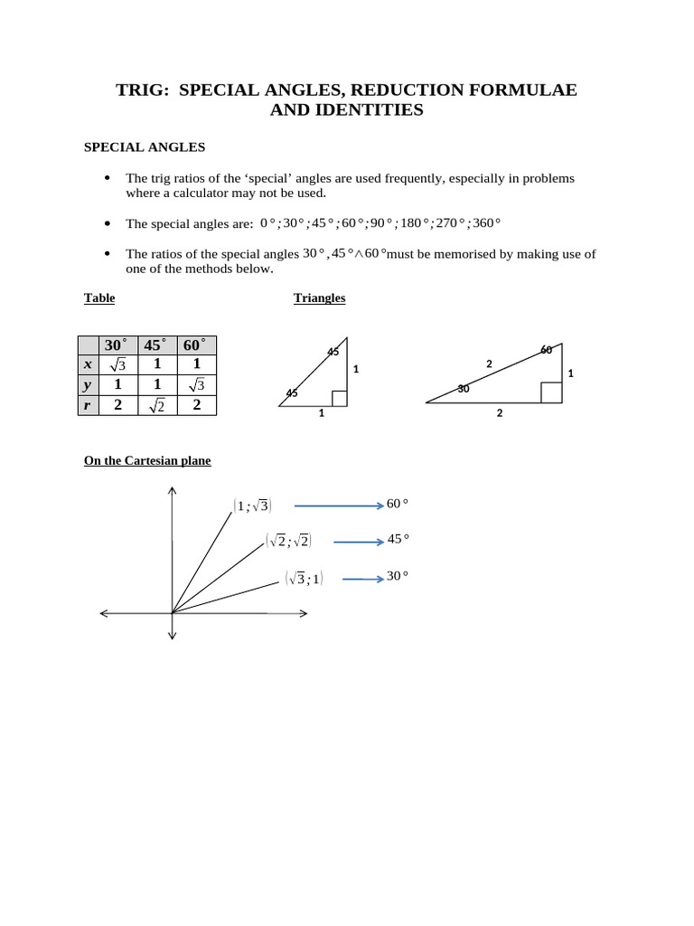 3.1 Trig Special Angles, Reduction Formulae & Identities | PDF ...