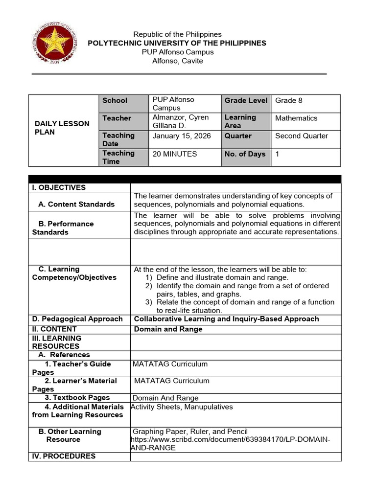 Almanzor Revised Lesson Plan (1) | PDF | Function (Mathematics) | Learning