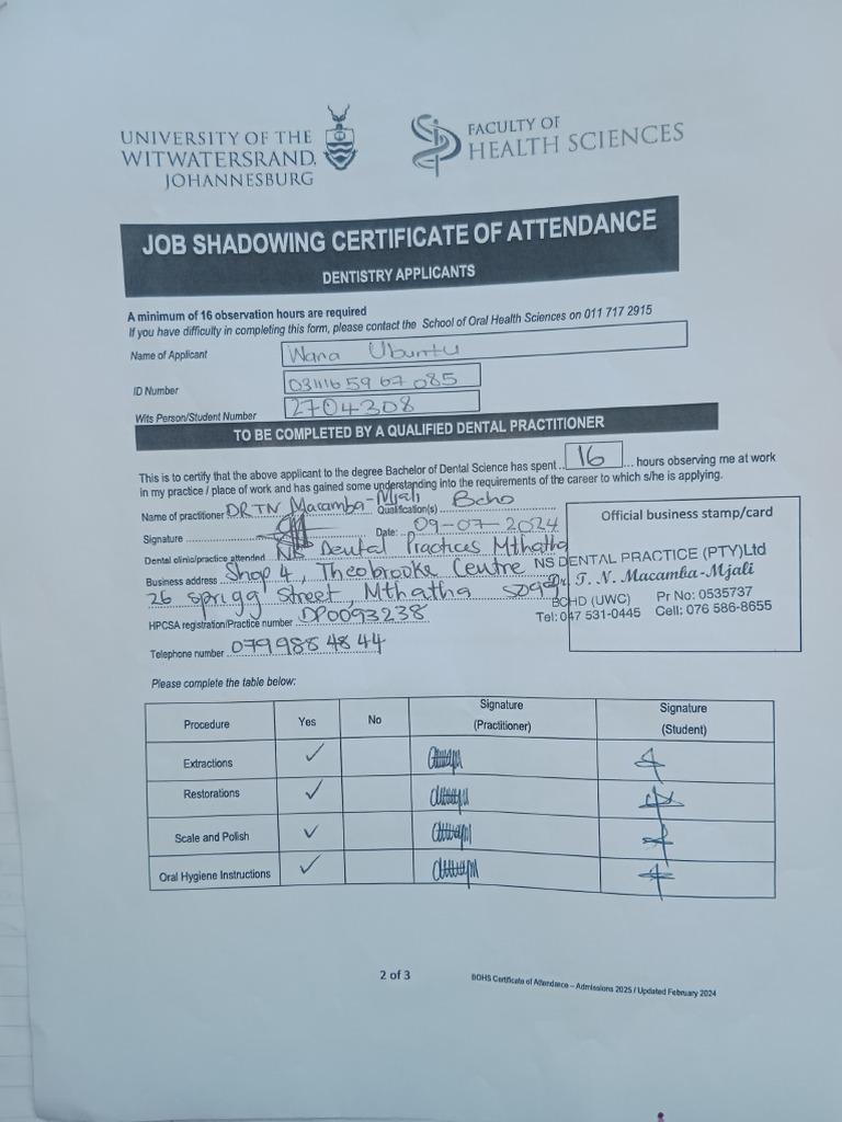 Ubuntu's Job Shadowing Certificate of Attendance | PDF | Dental Degree ...