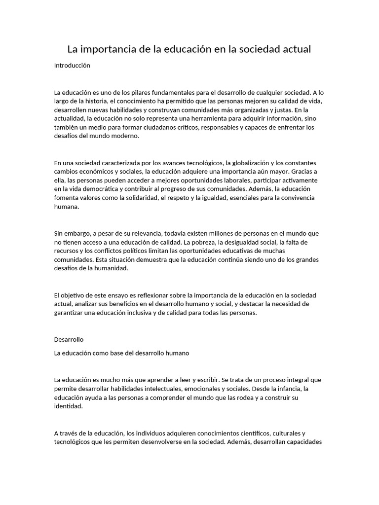 La Importancia de La Educación en La Sociedad Actual | PDF ...