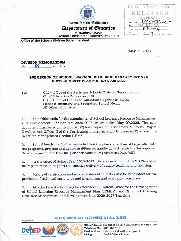 Division Memo No. 62 s. 2026 Submission of School Learning Resource ...