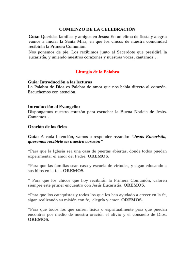Guión Para La Misa de Primera Comunión | PDF | eucaristía | Oración