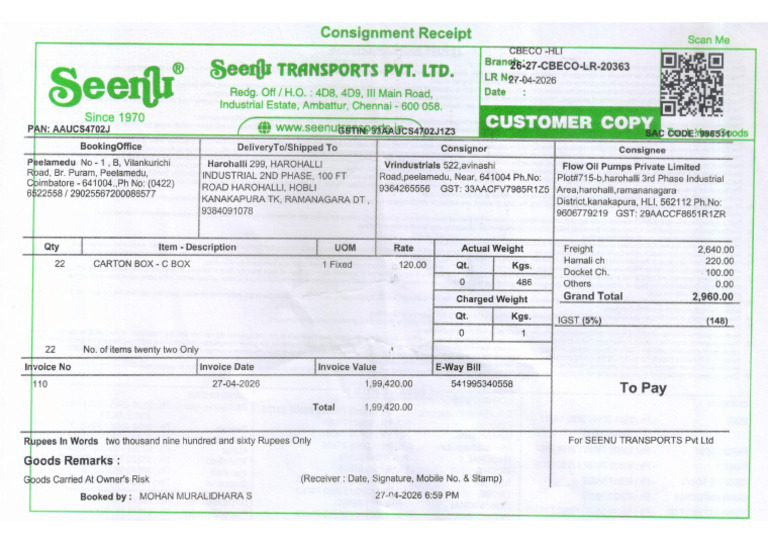 Seenu Transport LR - Flow Oil - Dtd 27.4.2026 | PDF