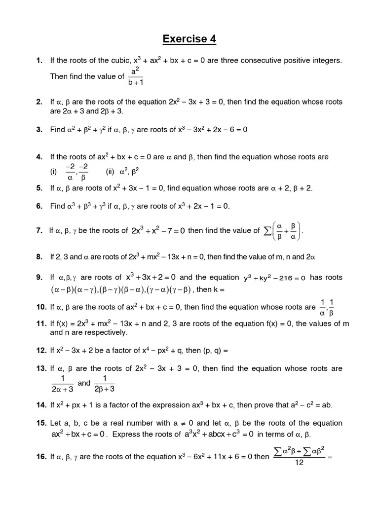 Theory of Equations_Exercise 4 | PDF | Quadratic Equation | Chess Theory