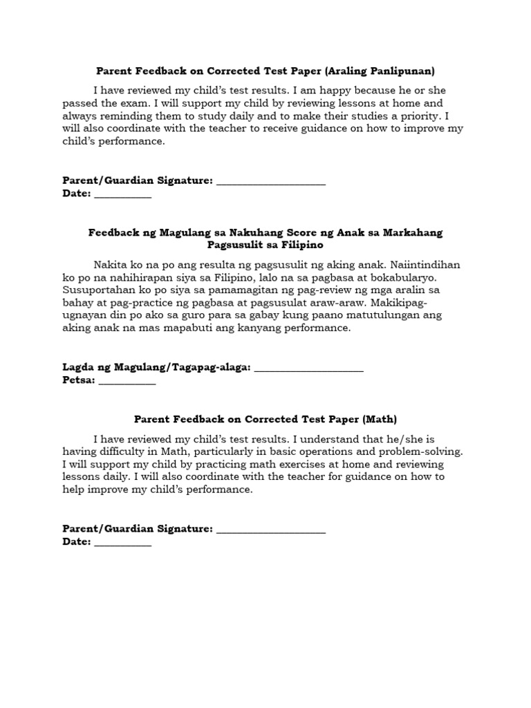 Parent Feedback On Corrected Test Paper | PDF