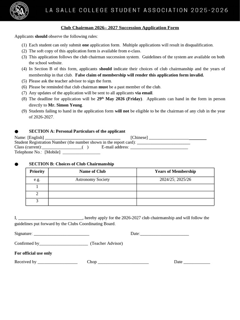 26-27 Club Chairmen Succession App Form | PDF