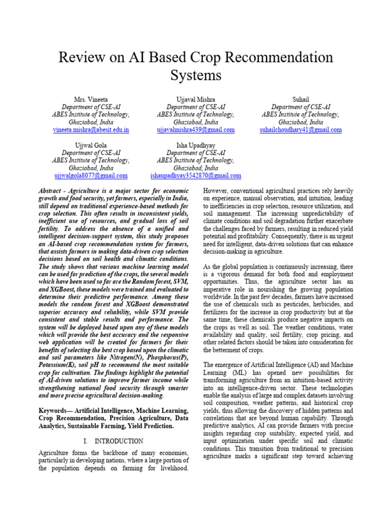 Reviewpaper Crop Recommendation System | PDF | Agriculture | Machine ...