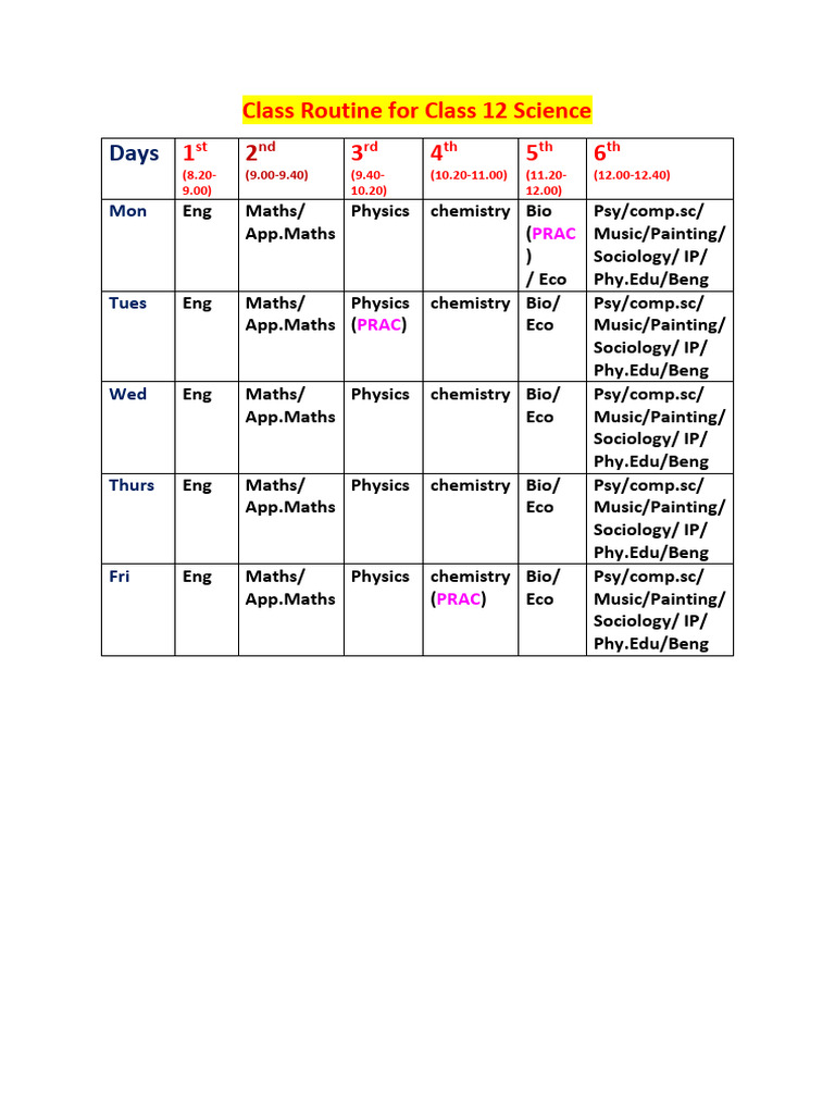 Class 12 B1 Routine With Practicals | PDF