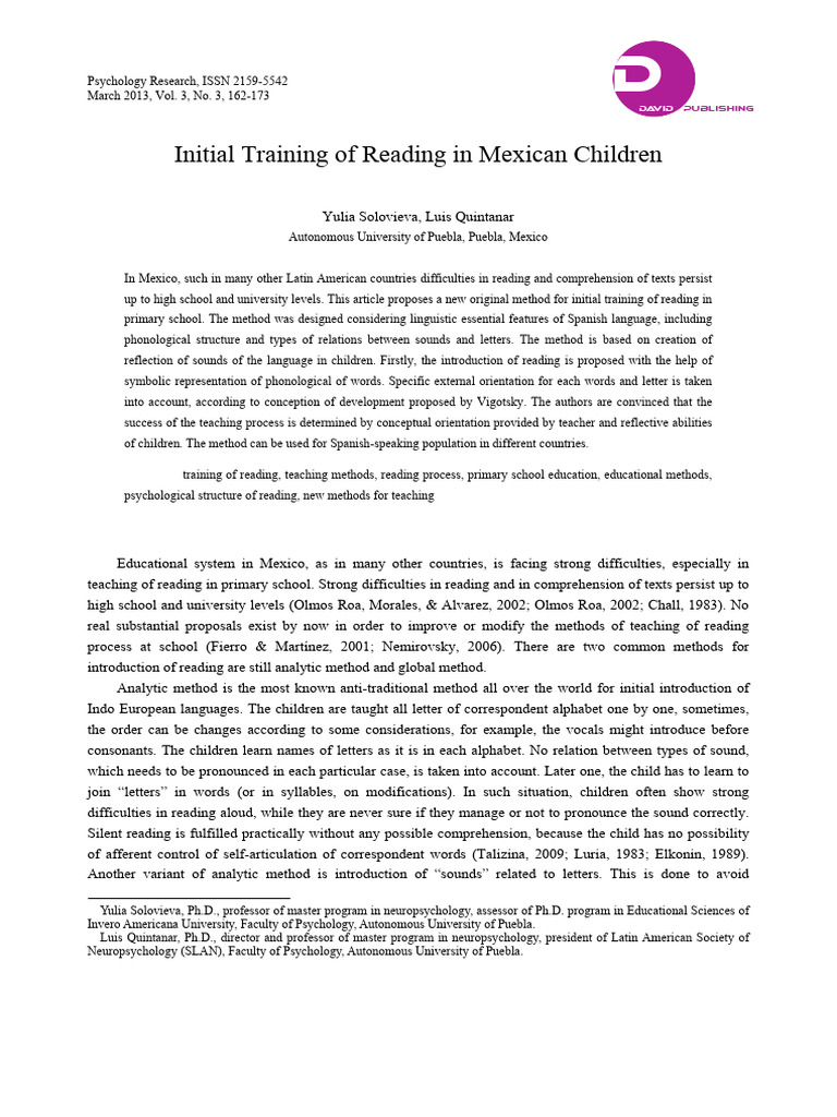 Initial Training of Reading in Mexican Children | PDF