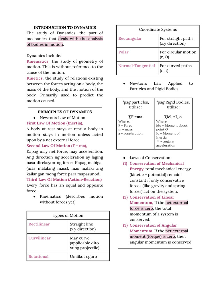 Introduction Formulas Dynamics | PDF | Force | Acceleration