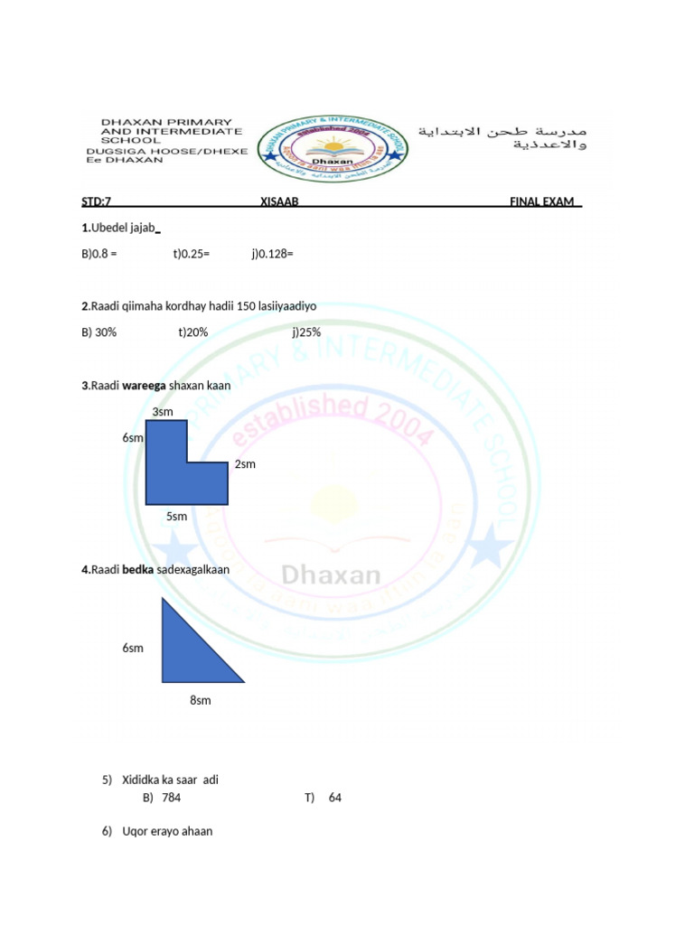 STD 7 Final Xisaab Exam | PDF