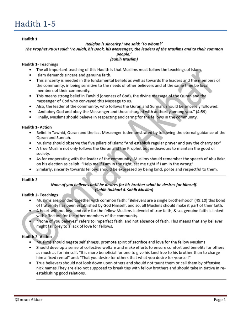 Hadith 1-5 (Handouts) | PDF | Prophets And Messengers In Islam | Quran