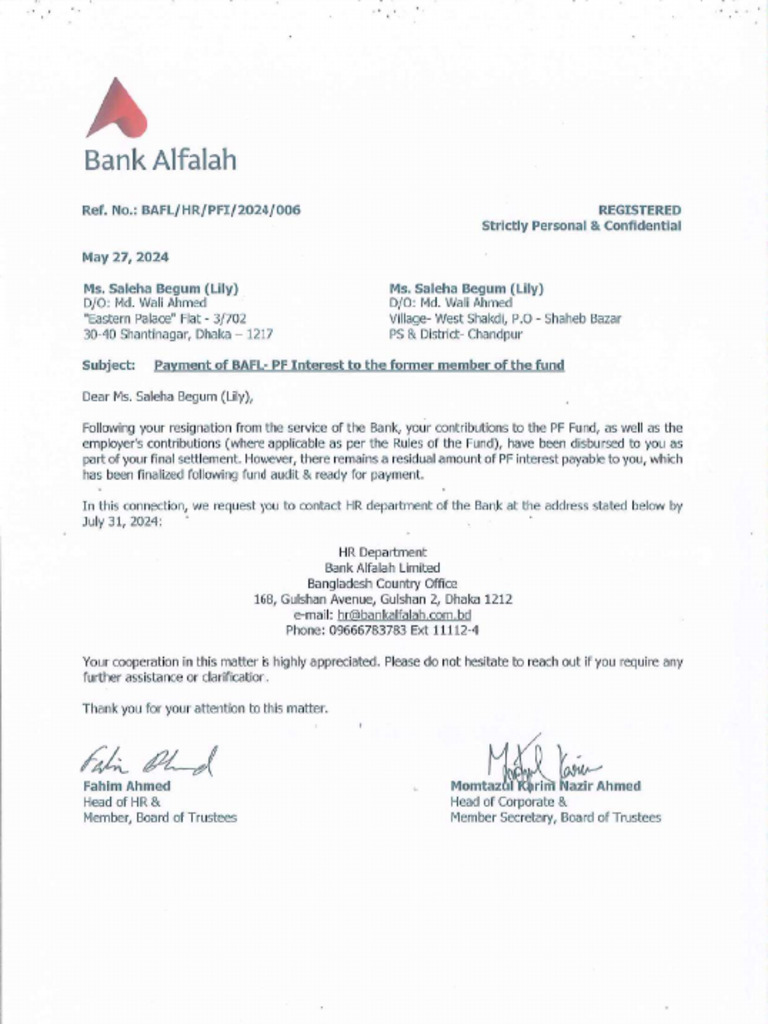 Payment of BAFL PF Interest | PDF