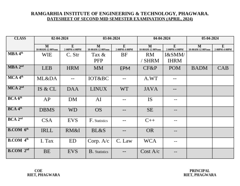 2nd Mst Date Sheet April 2024 | PDF