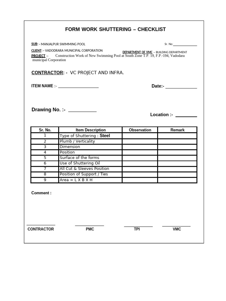 Form Work Checklist BHAYLI | PDF