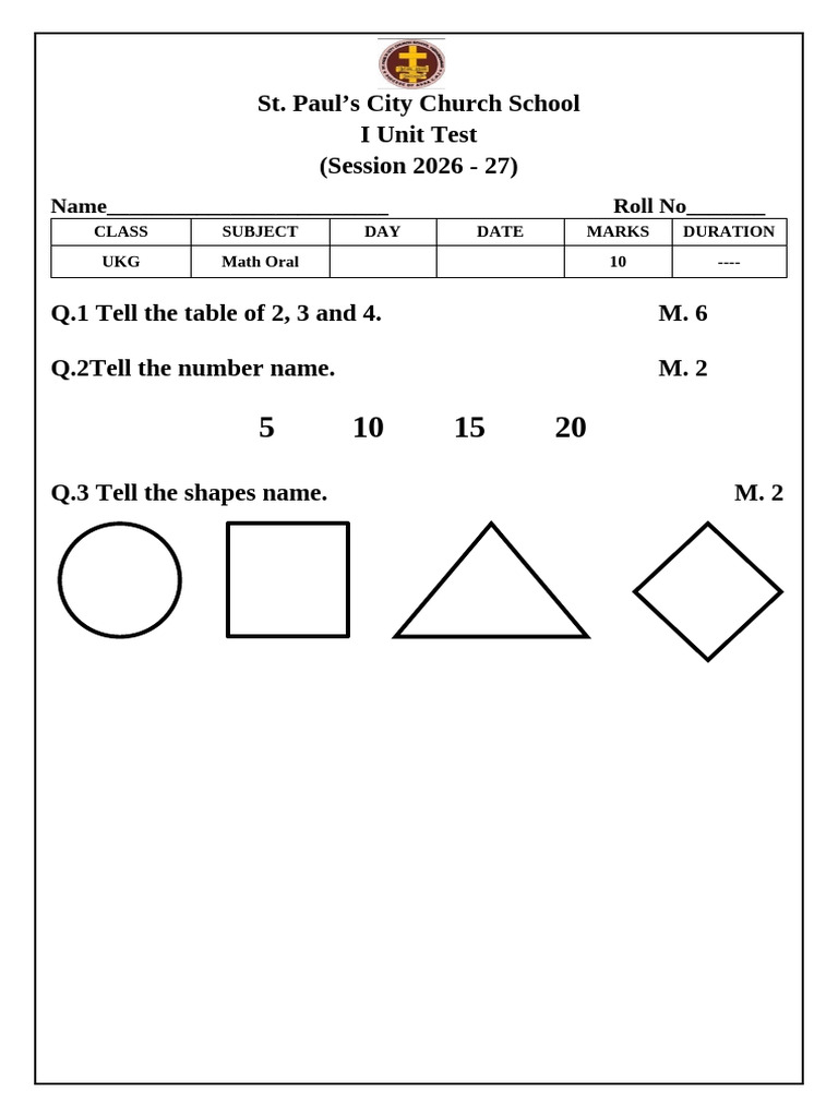 Arunita Mam Class UKG Maths Oral Iunit Test Paper 2026 - Copy - Copy | PDF