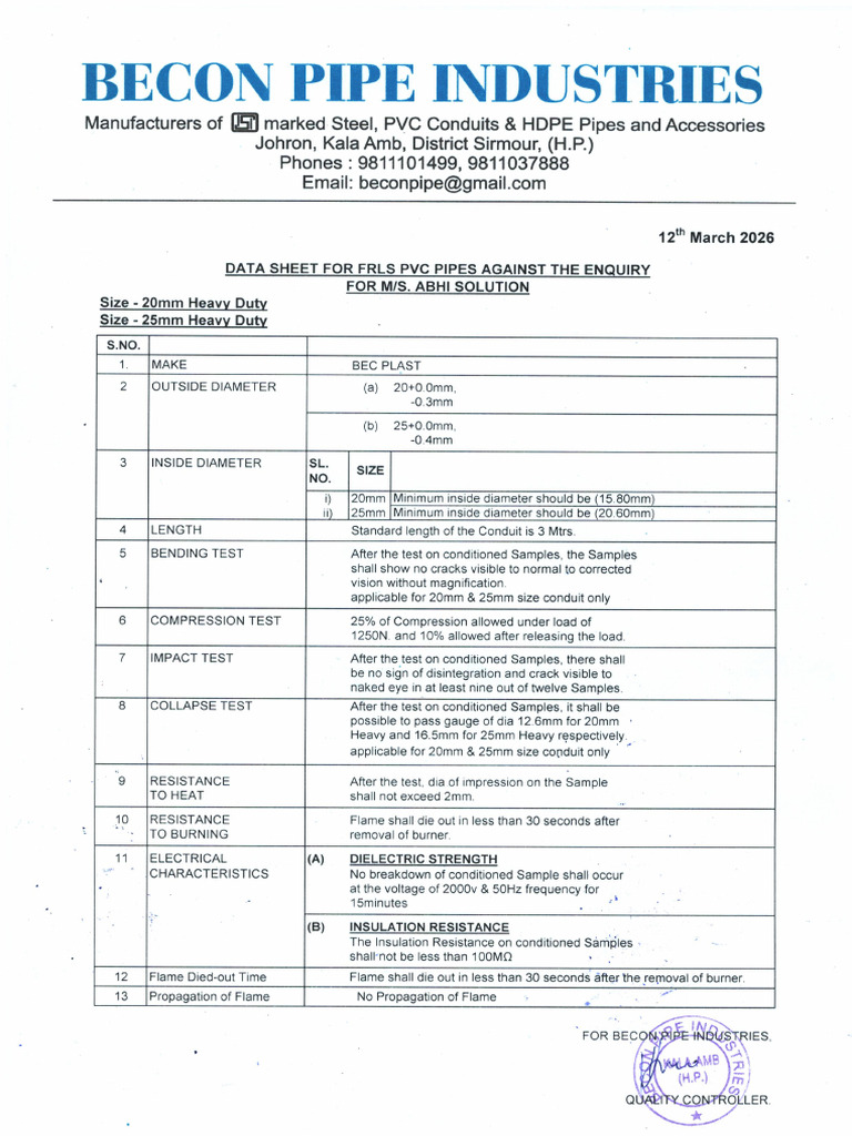 Data Sheet - FRLS PVC Conduit Pipe | PDF