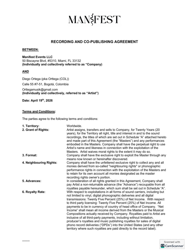 MANIFEST - Label Agreement - MFVA0002 - Orttega (COL) | PDF | Royalty ...