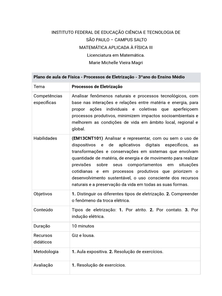 Plano de Aula - Física - Processos de Eletrização | PDF | Eletrostática ...