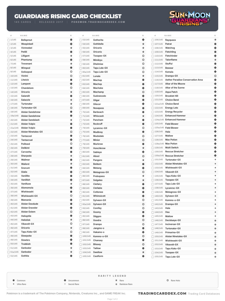 Pokemon Guardians Rising Card Checklist | PDF | Video Game Development ...