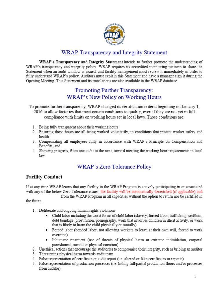 2017-10 WRAP Facility Transparency Integrity Statement | PDF | Audit ...