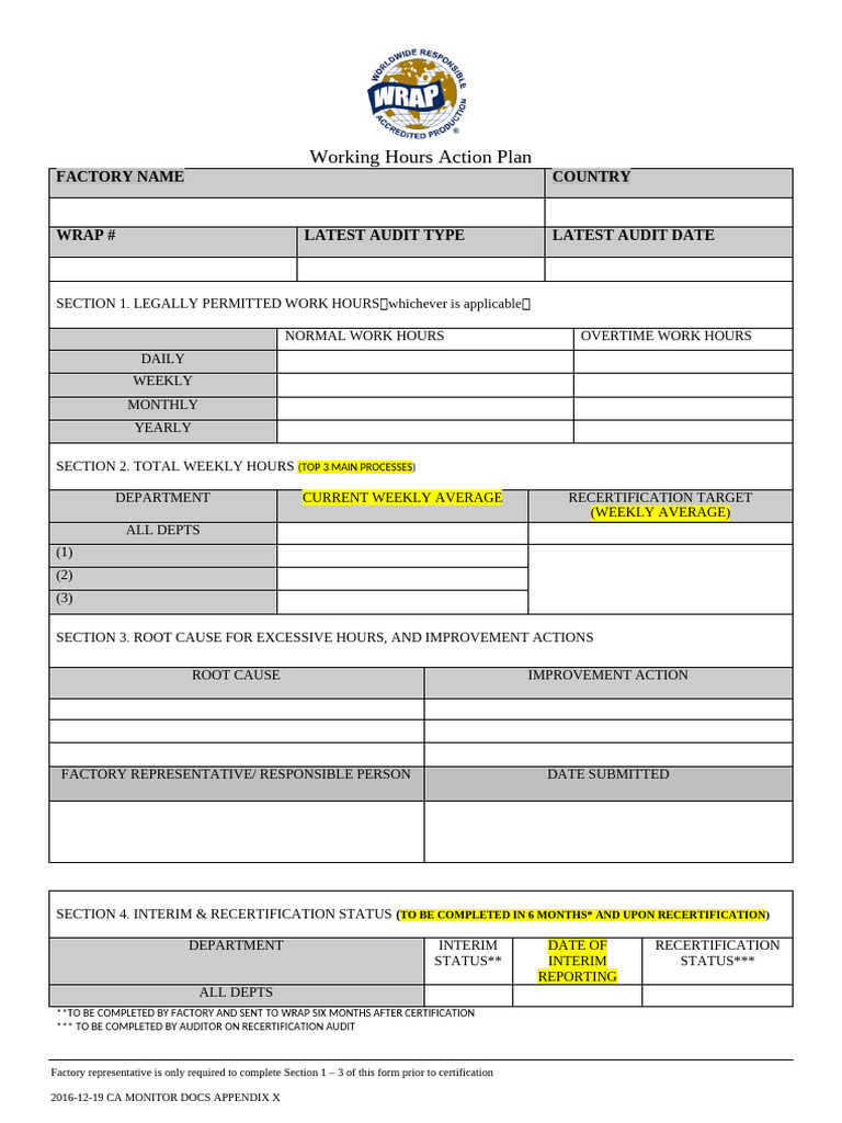X. 2017 WRAP Working Hour Action Plan Template | PDF