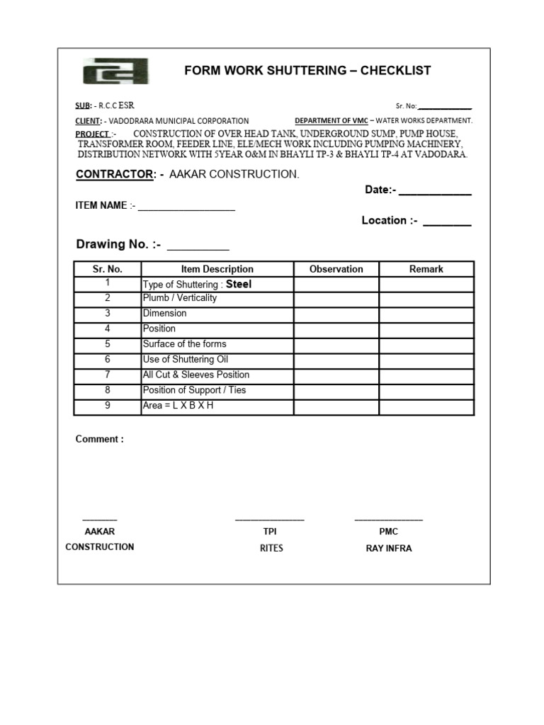 Form Work Checklist BHAYLI | PDF