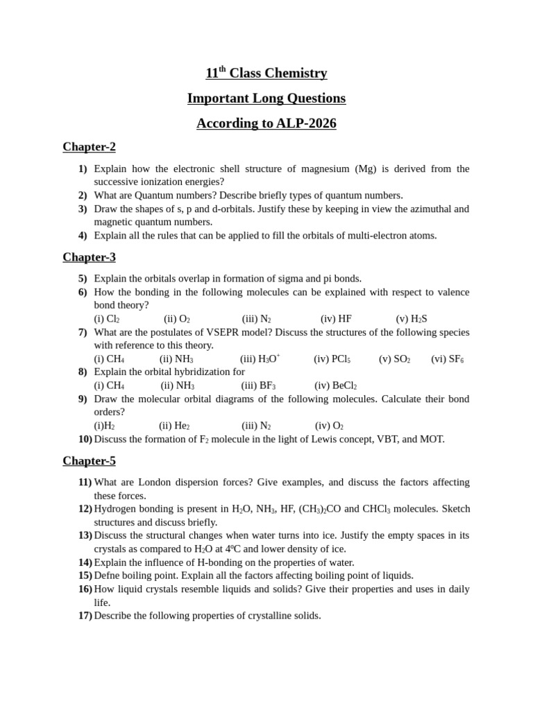 Long Questions of 11th Class Chemistry | PDF | Chemical Bond | Molecules