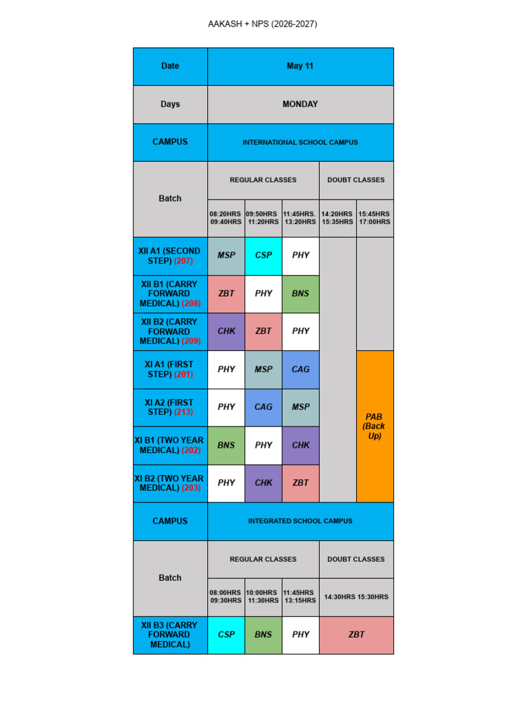 AAKASH+NPS Schedule 2026-2027 - 11_5 to 17_5 | PDF