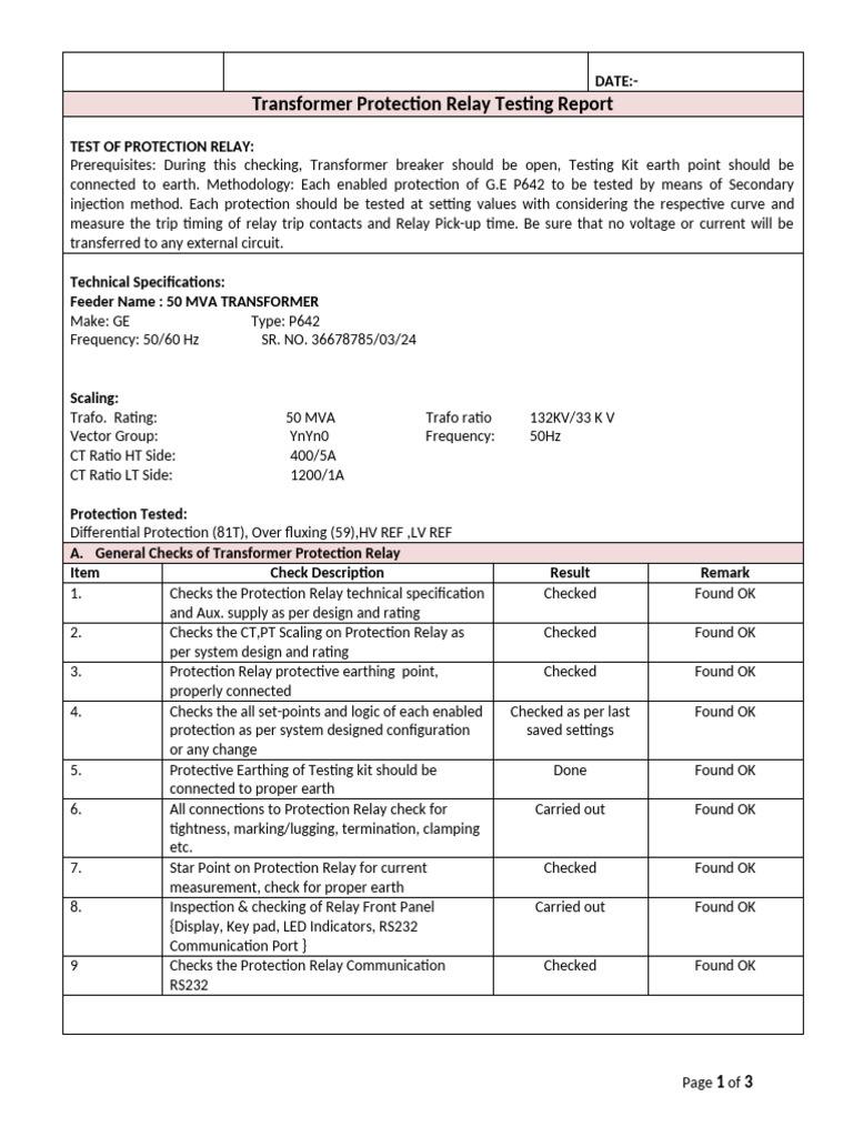 TRAFO Relay Test Report | PDF | Transformer | Relay