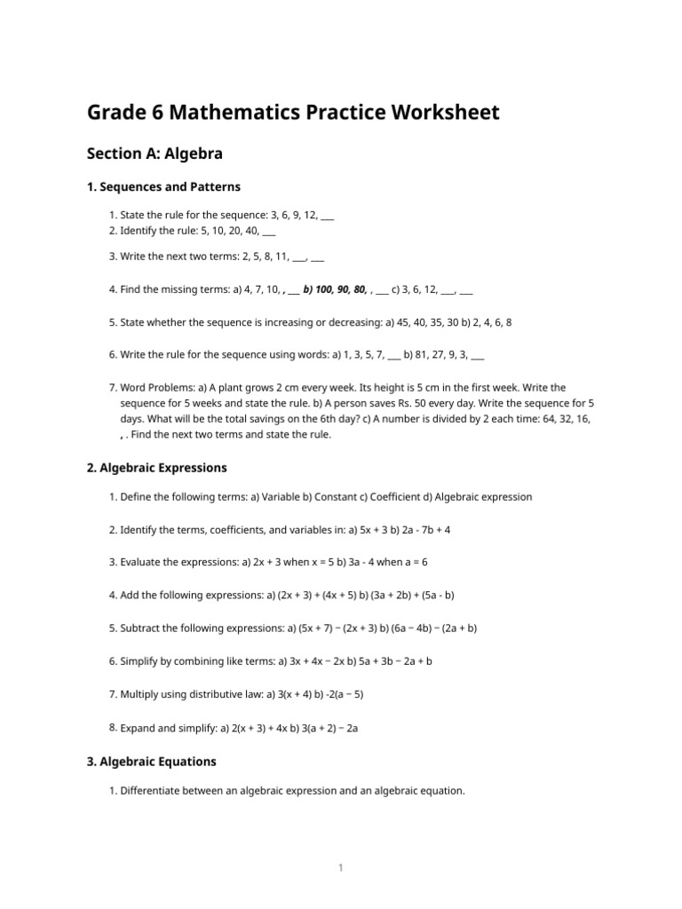 Grade 6 Mathematics Practice Worksheet | PDF | Equations | Numbers